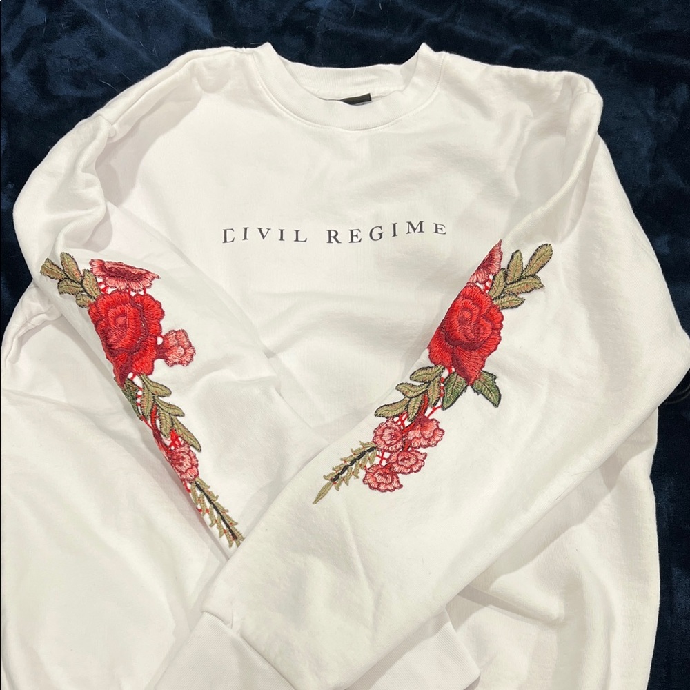 BRAND NEW Civil Regime White Sweatshirt with Red Floral Accents